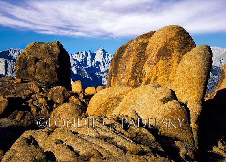 Boulders in the Alabama Hills surround Mount Whitney-the highest mountain in the contiguous United States and Sierra Nevada, California   ©Londie G. Padelsky  ES-LG0001_LondieGPadelsky
