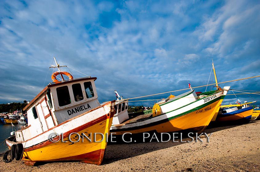 Boats docked at Calbuco, Chile in South America                        ©Londie G. Padelsky 01038_LondieGPadelsky