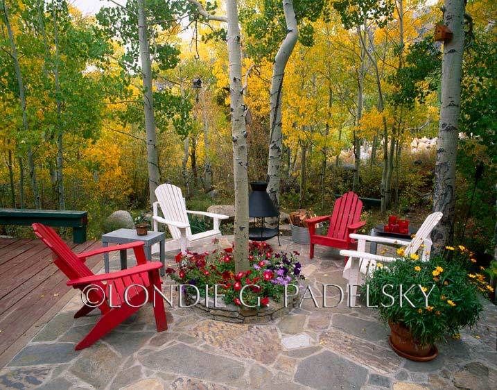Adirondack chairs on the outdoor patio and fall aspen trees. Eastern Sierra, California                   ©Londie G. Padelsky  ES-5651_LondieGPadelsky