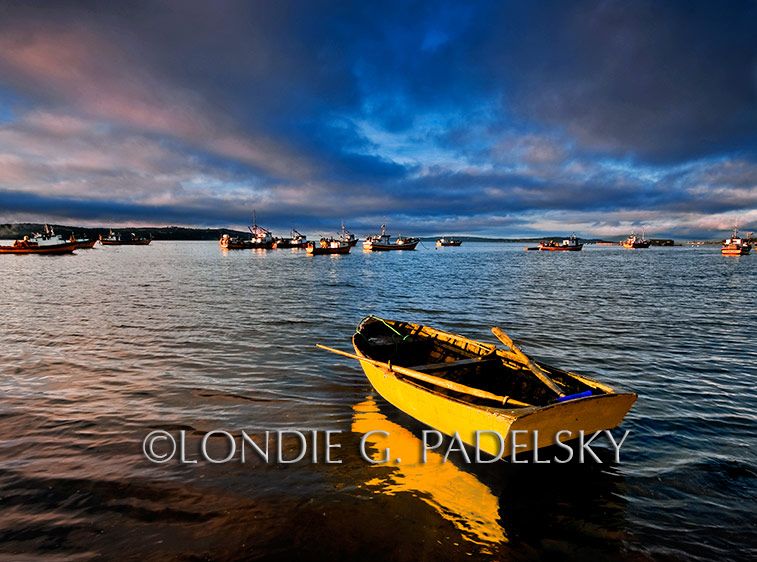 Yellow fishing dory at sunrise, Chiloe Island, Chile, South America            ©Londie G. Padelsky SAMER_02099-1_LondieGPadelsky