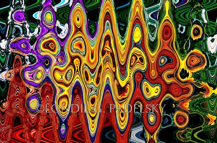 Yellow, red, orange, green, purple, and black abstract colors and shapes. ©Londie G. Padelsky Flow-1692_LondieGPadelsky