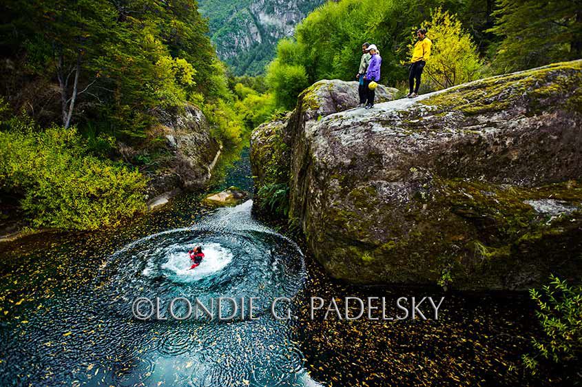 Blue lake and jump off rock, Cave Camp, Rio Futalefu, Patagonia, Chile, South America ©Londie G. Padelsky 11SAC_LGP0382_LondieGPadelsky