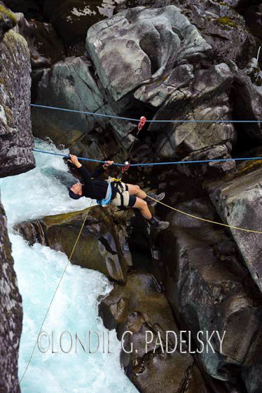 Tyrolean Traverse above Zeta Rapid, Cave Camp, Futalefu River, Los Lagos Region, Patagonia, Chile, South America ©Londie G. Padelsky 11SAC_LGP3733_LondieGPadelsky