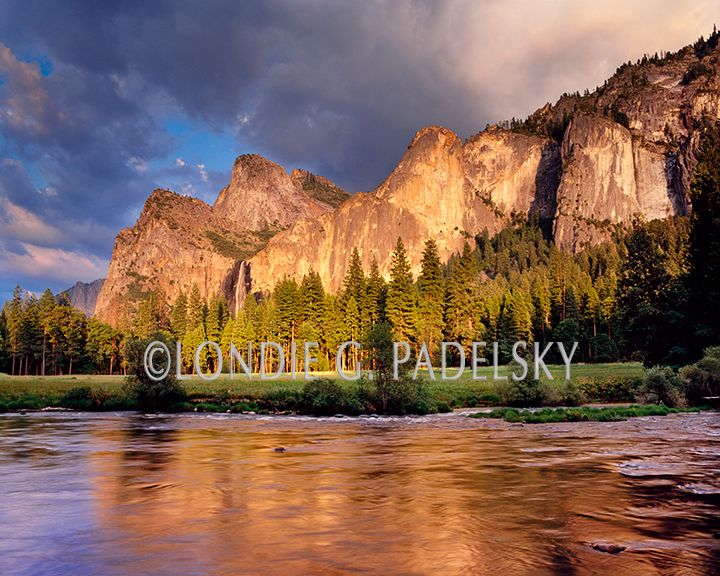Alpenglow on Cathedral Peaks and Bridalveil Fall reflects in the Merced River, Yosemite National Park, CA YT-429_LondieGPadelsky.jpg