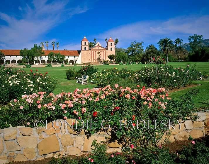 Rose garden and Mission Santa Barbara, California ©Londie G. Padelsky CCM-0812_LondieGPadelsky