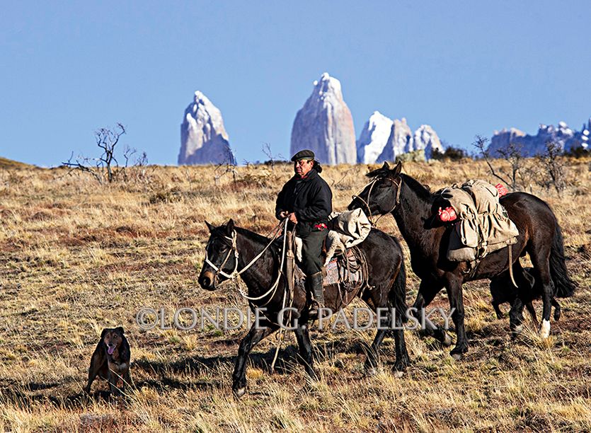 Chile, gaucho, cowboy, riding, riding horseback, pack horse, South America Chilean cowboy