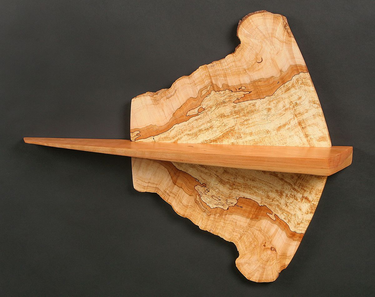 Sassafras shelf. Shown in cherry and curly, spalted, maple.  Available in a wide array of dimensions and woods. Wall shelves