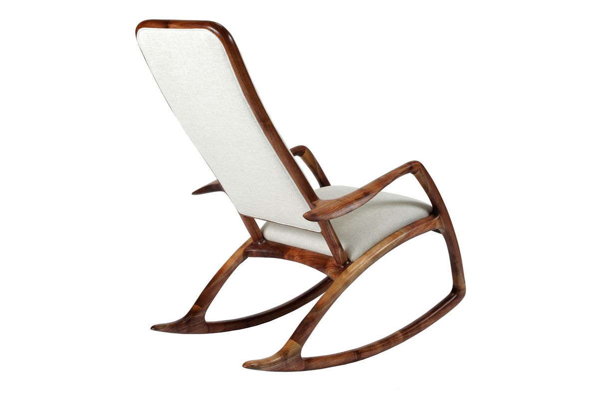 Shown with walnut frame and linen upholstery.  26"w x 40"d x 44"h.  Available in a wide array of woods, upholstery, and finish options. Jessamine rocking chair