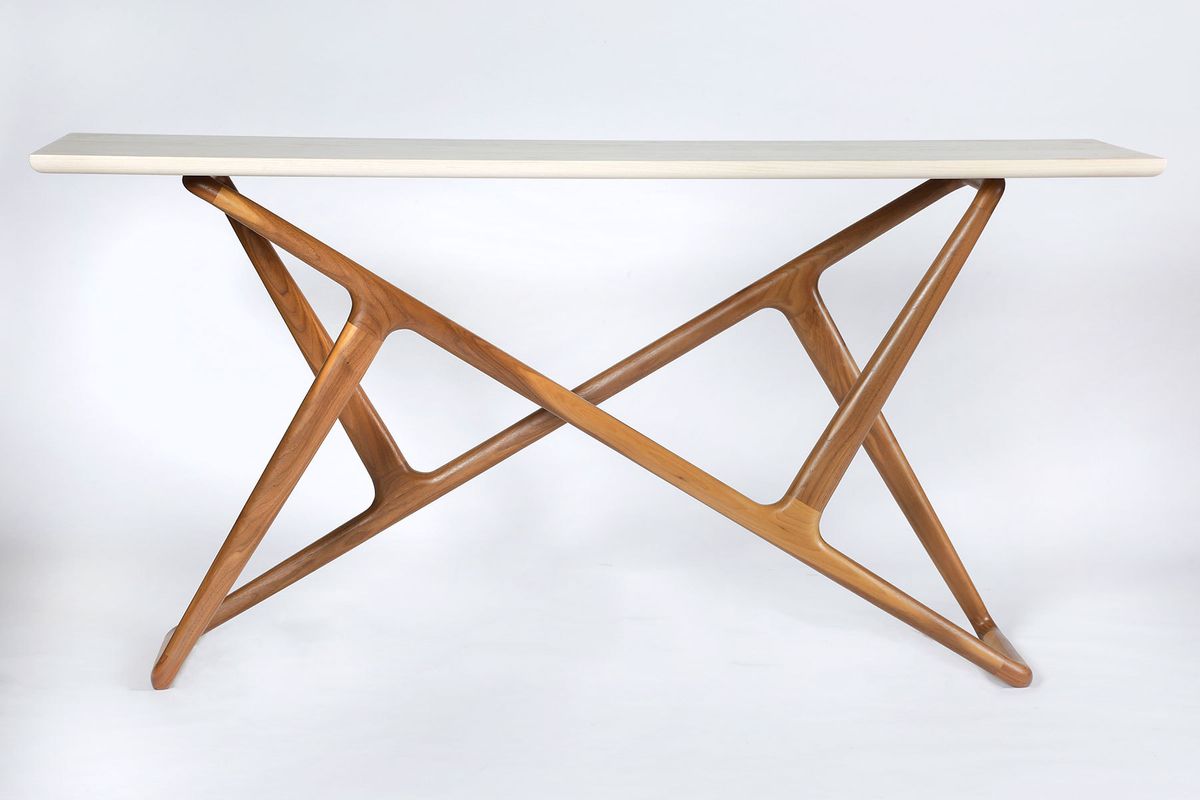 Shown with a walnut base and ash top with Ash-Bone finish in collaboration with The Old Wood Company.  74"w x 24"d x 36"h. Lark console