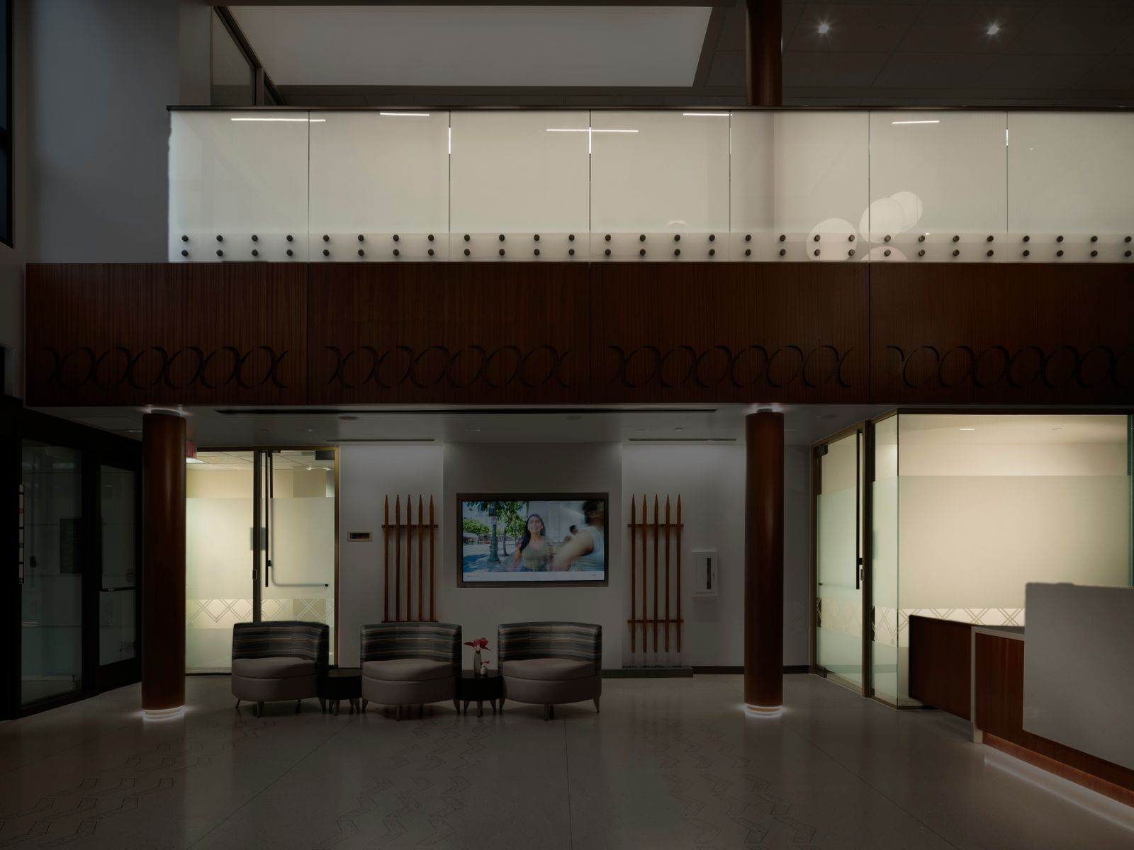 The use of glazed walls allows for secured space separation between workspaces and the branch, while maintaining enough visual connectivity to allow spaces to feel open and inviting and have access to natural light. Design captures company culture to evoke sense of belonging and community