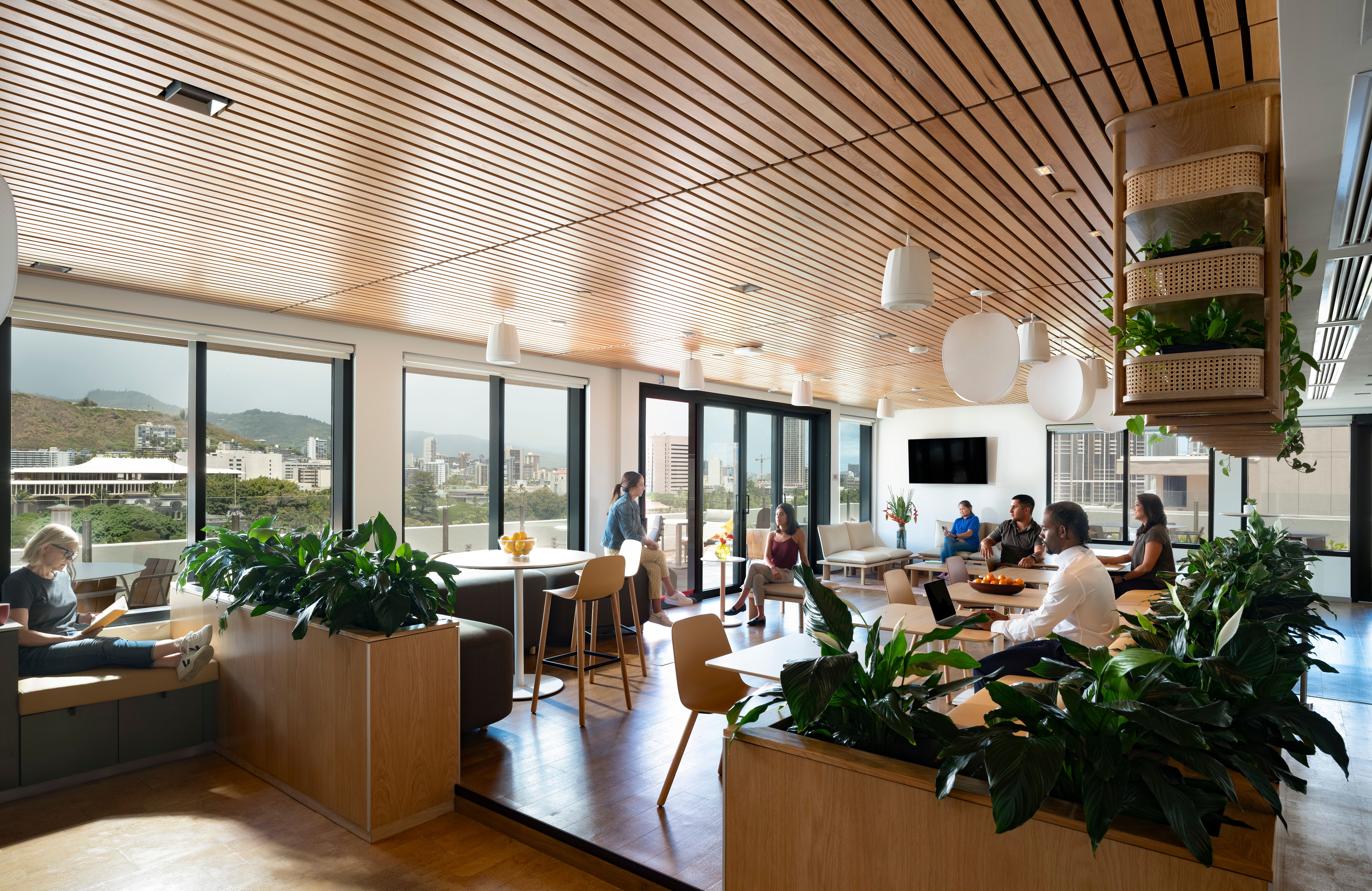Employee lunch area with full service kitchen located at top floor with access to outdoor lanai Hawaii State FCU Headquarters