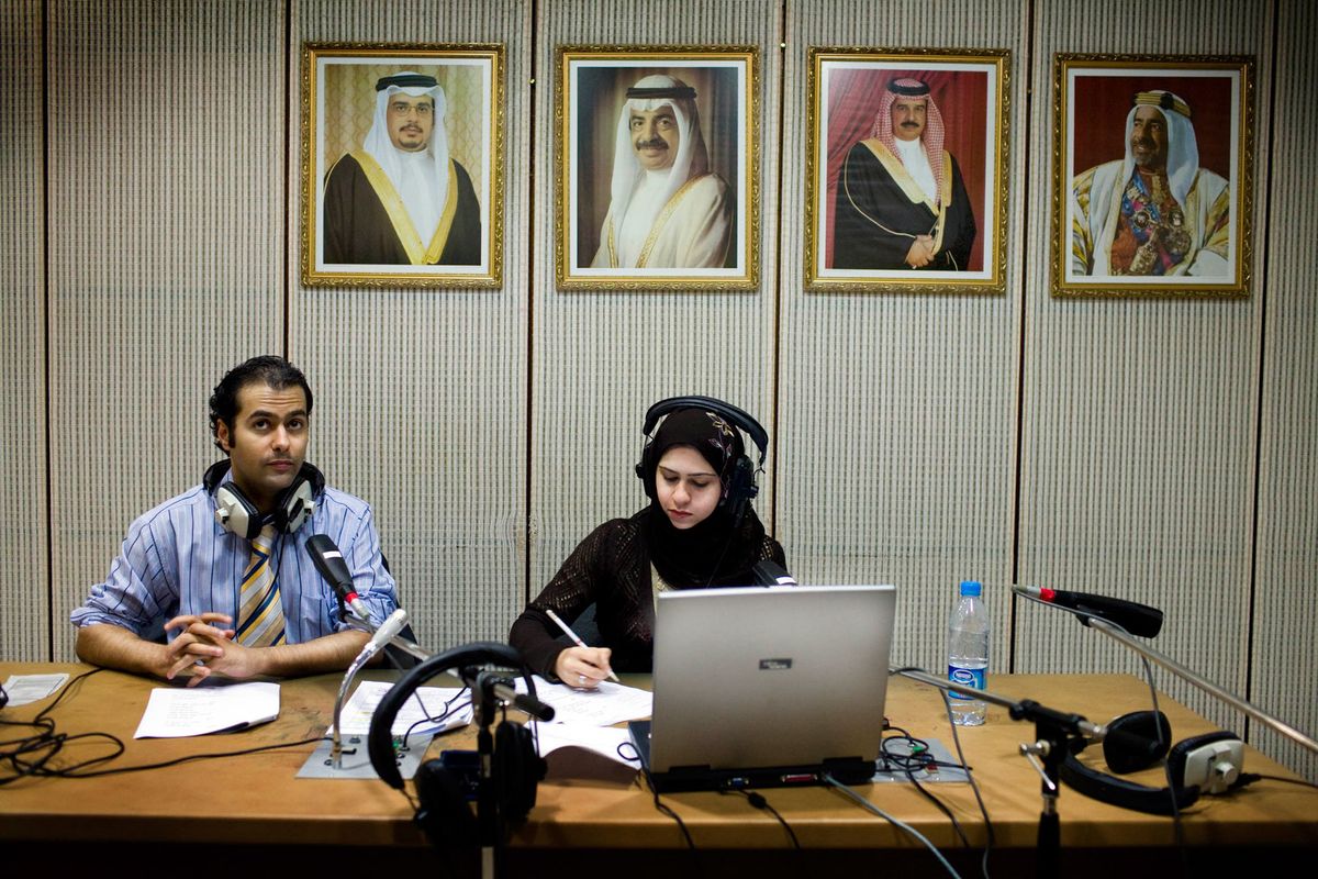 Enas, aged 25 presenting her weekly youth radio show at the government radio station in Bahrain.© Hazel Thompson Measure of a Woman