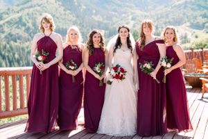 Bride and Bridesmaid's Burgundy Dresses Pre-Ceremony