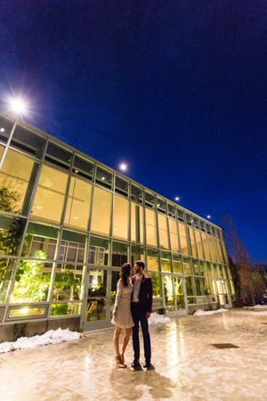 Couple Outside Red Butte Garden Rehearsal Dinner