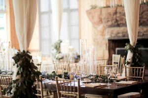 Gold Chiavari Chairs at Cherry Wood Farm Table Details