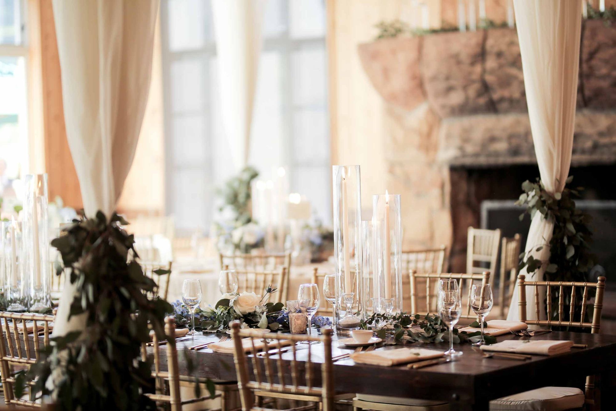 Gold Chiavari Chairs at Cherry Wood Farm Table Details
