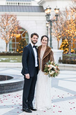 Bride and Groom Outside Hotel Reception Details