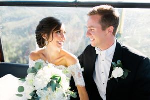 Joyous Bride and Groom on Ski Lift to Reception Reception