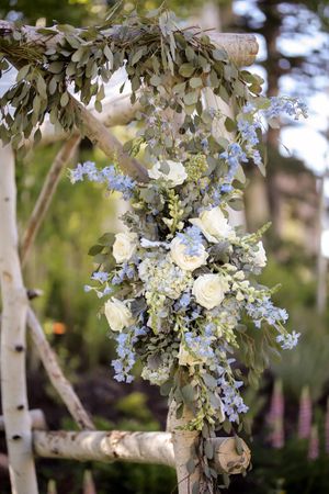 Backdrop with White and Dusty Blue Floral Corner Piece Ceremony Details