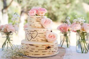 Hoopes Events | Kristin and Haven | Blacksmith Fork Canyon | Hyrum Utah | Wood-Look Wedding Cake Accented by Pale Pink Flowers Kristin_Haven_Blacksmith_Fork_Canyon_Hyrum_Utah_Wood_Look_Wedding_Cake.jpg