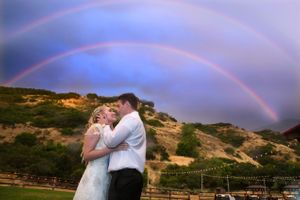 Hoopes Events | Tori and Sterling | Quiet Meadow Farms | Mapleton Utah | Bride and Groom with Double Rainbow in the Background | It's Good Luck When it Rains on Your Wedding Tori_Sterling_Quiet_Meadow_Farms_Mapleton_Utah_Bride_Groom_Double_Rainbow.jpg