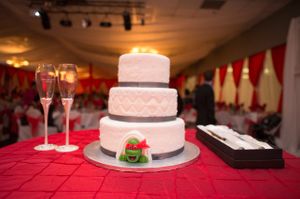 Elegant Wedding Cake With Teenage Mutant Ninja Turtle Peeking Out Reception Details
