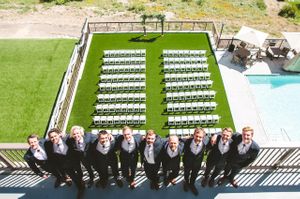 Groom and Groomsmen in Front of Ceremony Setup Details