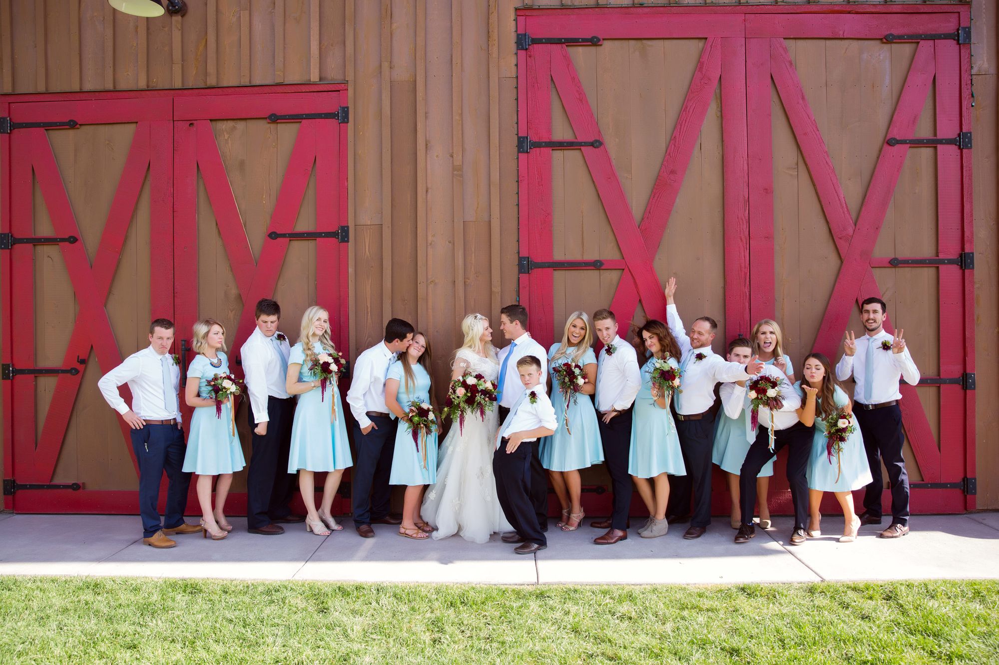 Hoopes Events | Tori and Sterling | Quiet Meadow Farms | Mapleton Utah | Bride, Groom, Bridesmaids and Groomsmen in Front of Barn Door Tori_Sterling_Quiet_Meadow_Farms_Mapleton_Utah_Bride_Groom_Bridesmaids_Groomsmen.jpg