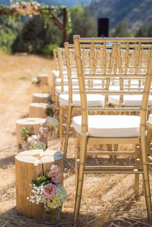 Hoopes Events | Kristin and Haven | Blacksmith Fork Canyon | Hyrum Utah | Chiavari Chairs and Wood Stump Decor ready for Ceremony Kristin_Haven_Blacksmith_Fork_Canyon_Hyrum_Utah_Ceremony_Gold_Chiavari_Chairs_Wood_Stump_Decor.jpg