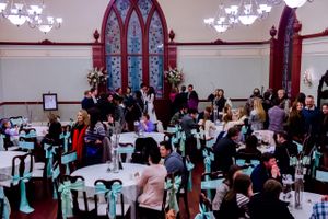 Hoopes Events | Shauna and Blake | Northampton House | American Fork Utah | Aerial View of Reception Accented by Pale-Blue Sashes Shauna_Blake_Northampton_House_American_Fork_Utah_Reception.jpg