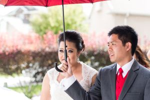 Bride and Groom Walk Outside With Umbrella Ceremony