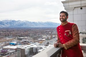 Reflective Groom with Majestic Mountain Backdrop Pre-Ceremony