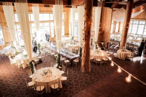 Aerial View of Reception Dinner With Bistro Lighting Details