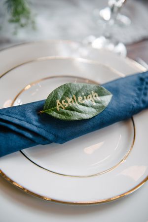 Hoopes Events | Rocky Mountain Bride | Winter Elopement | Deer Valley | Empire Lodge | Park City Utah | Table Detail | Silver-Rimmed Dishes with Blue Napkin and "Ashleigh" Leaf Rocky_Mountain_Bride_Winter_Elopement_Deer_Valley_Empire_Lodge_Deer_Valley_Resort_Park_City_Utah_Table_Detail_Silver_Rimmed_Dish_Blue_Napking_"Ashleigh"_Leaf.jpg