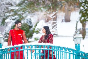 Couple on Snow-Covered Bridge Pre-Ceremony